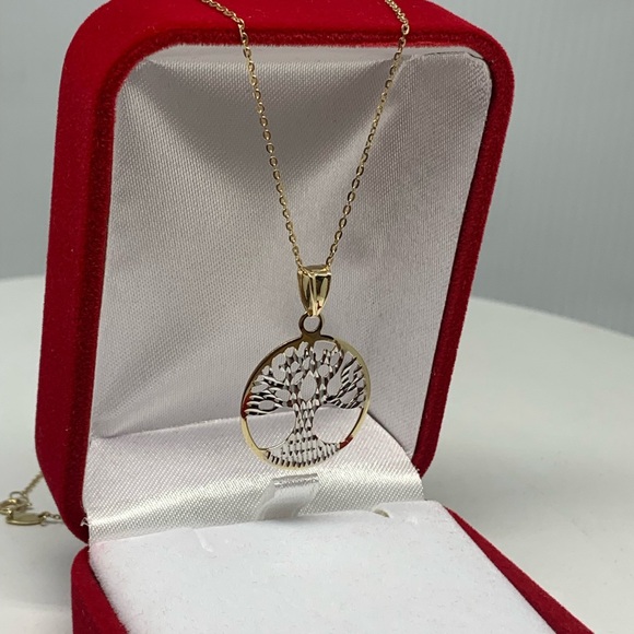 Genuine 10K Yellow Gold Two Tone Tree Of Life Pendant & Necklace - Picture 1 of 2